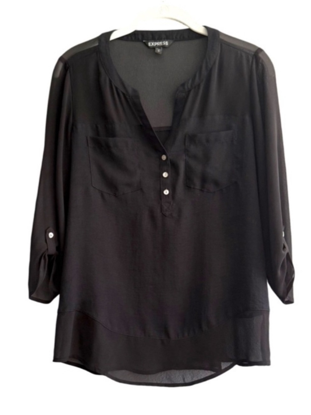 Express Split Neck Roll Tab Sleeve Blouse Chest Pockets Black Size S